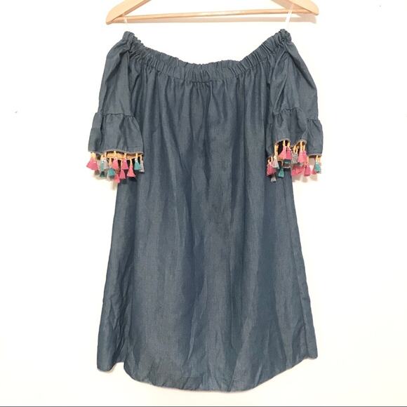 See You Monday off shoulder Pom Pom chambray SZ Small - Picture 1 of 5